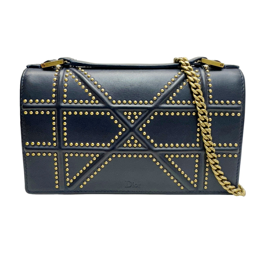 CHRISTIAN DIOR Diorama Chain Shoulder Bag Navy Blue Leather
